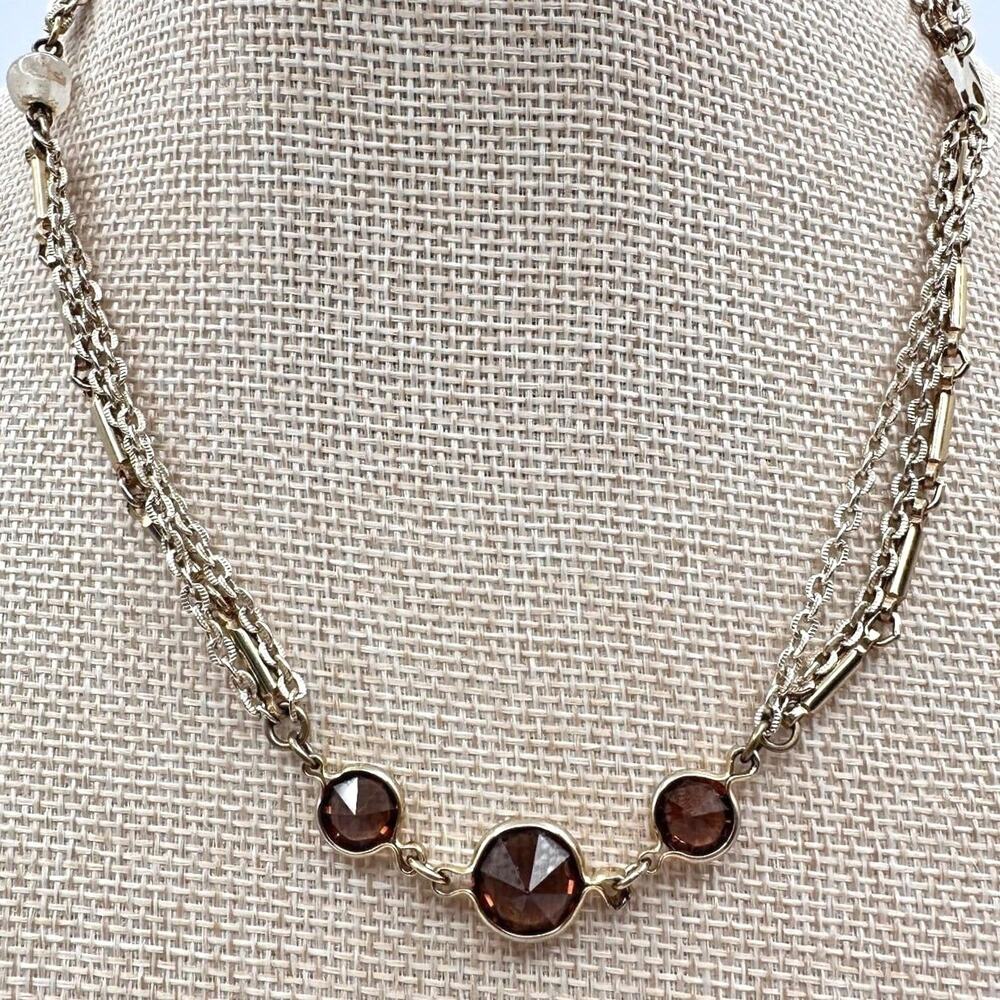 Vintage 80s Gold Tone Multi-Strand Necklace Brown Glass Boho Fashion Jewelry Y2K
